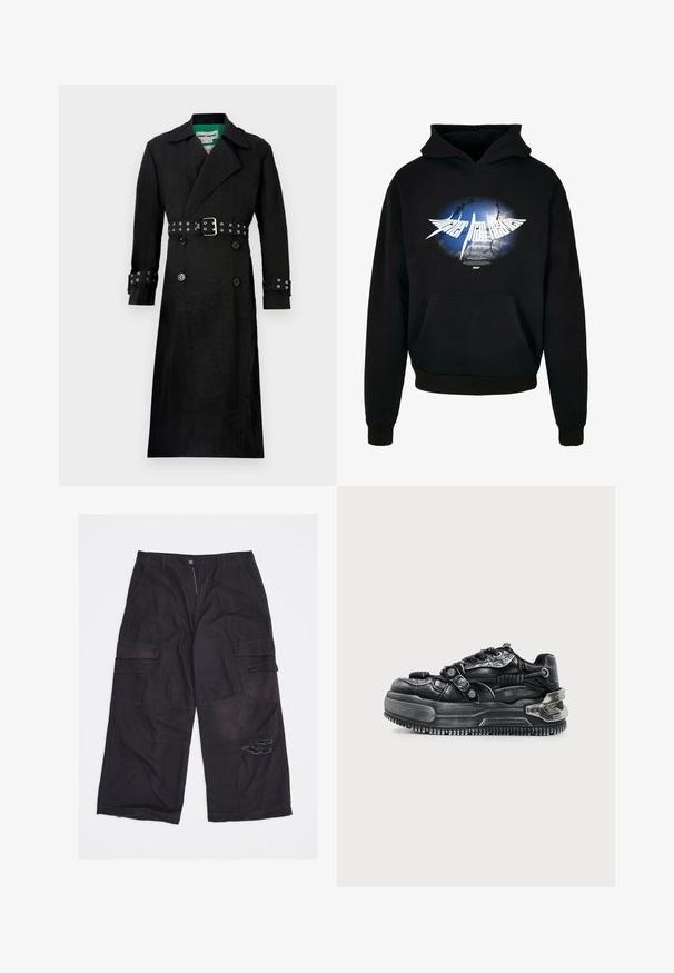 Sort trenchcoat med en struktureret finish, dobbeltrækket for, brede klapper og en bælte i taljen med sølvøjer på ærmerne.; Sort hættejakke med et centralt hvidt grafik og et blågrå burst-design samt teksten "Higher than Heaven" i stiliseret skrifttype. Lomme foran.; Sorte cargobukser med vide ben og flere lommer samt et slidt hul på højre lår, lagt fladt på en hvid baggrund.; Sort chunky sneaker med tyk sål, snørebånd, teksturerede stropper og metal detaljer på hælen og siderne mod en lys baggrund.