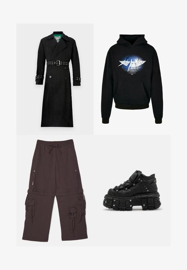 Schwarzer Trenchcoat mit strukturierter Oberfläche, doppelreihiger Front, breiten Revers und tailliertem Design mit silbernen Ösen an den Manschetten.; Schwarzer Hoodie mit einem zentralen weißen Grafikdesign, das einen blauen und grauen Burst-Effekt zeigt, sowie dem Text "Higher than Heaven" in stilisierter Schrift. Mit Fronttasche.; Braune Sweatpants mit einem elastischen Bund, verstellbarem Zugband, zwei seitlichen Reißverschlusstaschen und Cargo-Stil Akzenten mit Bindebändern.; Schwarze Leder-Hochtop-Sneaker mit dicker Gummisohle, Schnürdesign, gepolstertem Knöchelbereich und Metallelementen. Verfügt über eine profilierte Außensohle für besseren Halt.