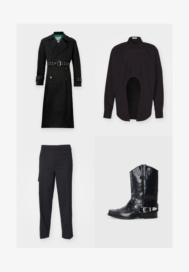 Sort trenchcoat med en struktureret finish, dobbeltrækket for, brede klapper og en bælte i taljen med sølvøjer på ærmerne.; GmbH GEIR MIX - Skjorter - black; Sorte bukser lavet af et glat, vævet stof. Har en lige pasform, slim fit, bæltestropper og en sidelomme.; Sort læder cowboystøvle med spidse tæer, høj skaft, dekorativ stitching og sølv spændehardware på remmen. Tekstureret overflade.
