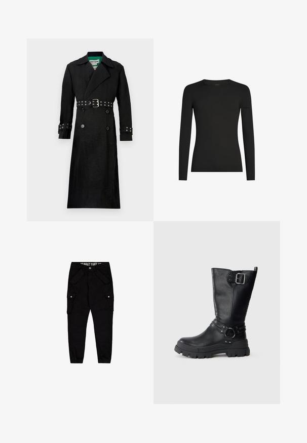 Sort trenchcoat med en struktureret finish, dobbeltrækket for, brede klapper og en bælte i taljen med sølvøjer på ærmerne.; Sort, tætsiddende langærmet T-shirt med rund hals og et diskret Icebreaker-logo på venstre ærme, vist på en hvid baggrund.; Sorte cargo bukser lavet af bomuld, med flere lommer, en tætsiddende design og elastiske manchetter ved anklerne.; Sorte læderknæhøje støvler med en kraftig gummisål, der har en sidelås, stropdetaljer og struktureret finish.