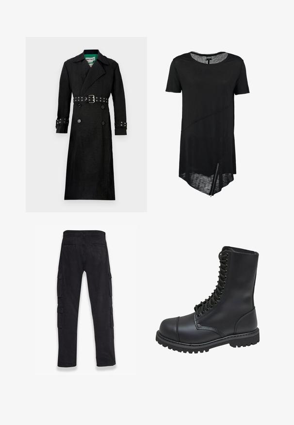 Schwarzer Trenchcoat mit strukturierter Oberfläche, doppelreihiger Front, breiten Revers und tailliertem Design mit silbernen Ösen an den Manschetten.; Schwarzes T-Shirt mit kurzen Ärmeln und Rundhalsausschnitt, asymmetrischem Saum, transparenter Textur und seitlichem Reißverschluss. Weicher, leichter Stoff.; Dropsize DOUBLE POCKET - Cargohose - black; Schwarze Lederkampfstiefel mit hohem Schaft, Schnürung an der Vorderseite, gepolstertem Kragen und rutschfester, strukturierter Sohle für guten Halt. Mit verstärkter Zehenkappe.
