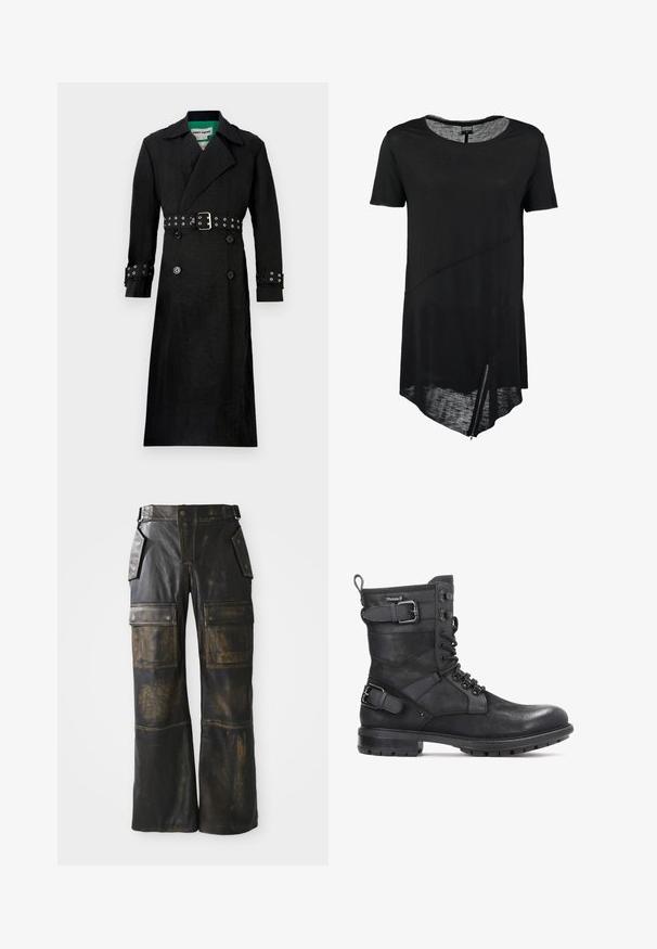 Sort trenchcoat med en struktureret finish, dobbeltrækket for, brede klapper og en bælte i taljen med sølvøjer på ærmerne.; Sort kortærmet t-shirt med rund halsudskæring, asymmetrisk kant, gennemsigtig tekstur og en sidelukning. Blødt, let stof.; Sorte læder cargo bukser med en slidt tekstur, der har store sidelommer, høj talje og kontrasterende syninger langs sømmene.; Kazar HEARD - Cowboy- / bikerstøvlette - black