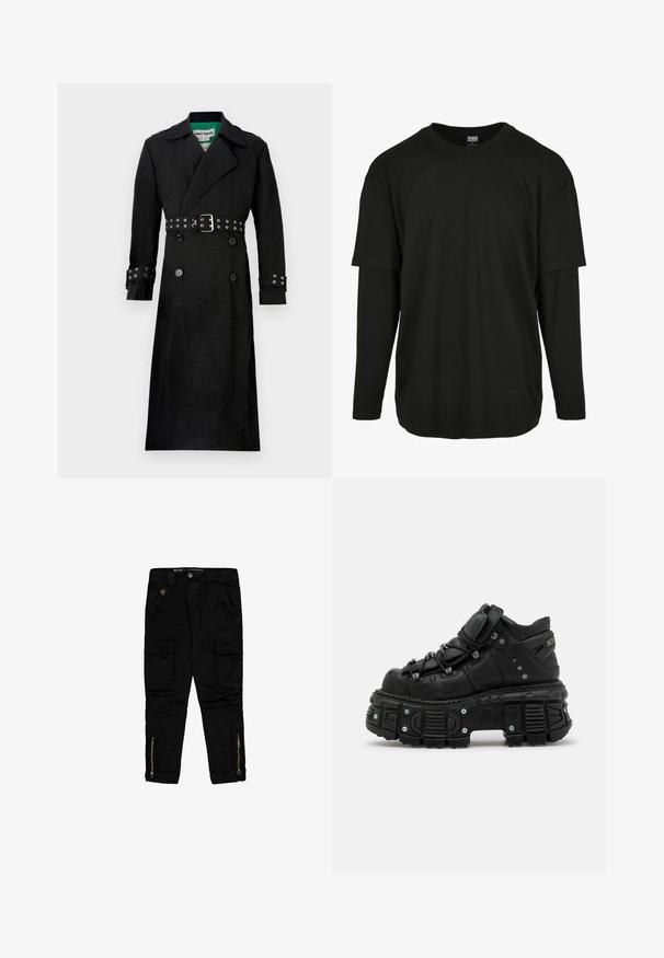 Schwarzer Trenchcoat mit strukturierter Oberfläche, doppelreihiger Front, breiten Revers und tailliertem Design mit silbernen Ösen an den Manschetten.; Urban Classics OVERSIZED SHAPED DOUBLE LAYER LS TEE - Langarmshirt - black/black; Schwarze Cargo-Hosen aus Baumwolle mit Seitentaschen, Reißverschluss-Akzenten an den Knöcheln und einer regulären Passform.; Schwarze Leder-Hochtop-Sneaker mit dicker Gummisohle, Schnürdesign, gepolstertem Knöchelbereich und Metallelementen. Verfügt über eine profilierte Außensohle für besseren Halt.