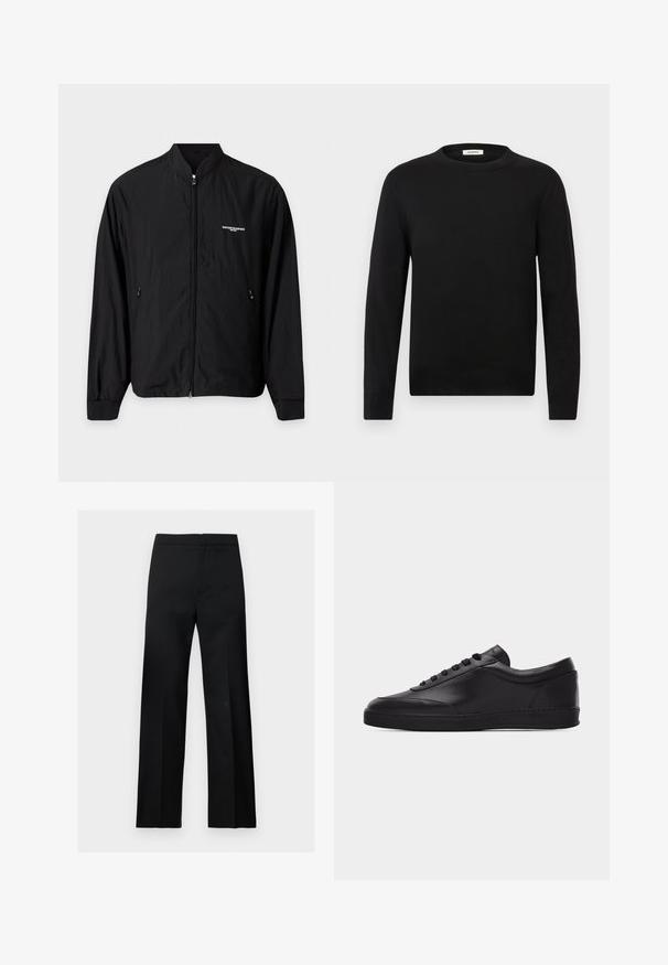 Leichte schwarze Jacke mit Reißverschluss, Stehkragen, zwei seitlichen Taschen und kleinem weißen Emporio Armani Logo auf der linken Brust.; Schwarzer Pullover mit langem Arm und Rundhalsausschnitt, mit gerippten Bündchen an Ärmeln und Saum, präsentiert vor einem schlichten hellgrauen Hintergrund.; Schwarze, gerade geschnittene formelle Hose mit hoher Taille und einem klaren, minimalistischen Design, dargestellt vor einem einfachen hellen Hintergrund.; Schwarzer flacher Leder-Sneaker mit Schnürung vorne und flacher Gummisohle, seitlich auf einem schlichten weißen Hintergrund gezeigt.