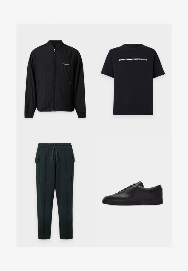 Veste légère noire zippée avec col montant, deux poches latérales et petit logo blanc Emporio Armani sur la poitrine gauche.; T-shirt noir à manches courtes et col rond avec le texte blanc "EMPORIO ARMANI" et le logo aigle centrés sur la poitrine.; Pantalon de survêtement noir avec taille à cordon, poches latérales, détail poche cargo et coutures visibles. Tissu doux avec une coupe décontractée.; Baskets basses en cuir noir avec lacets sur le devant et semelle en caoutchouc plate, vues de côté sur un fond blanc uni.