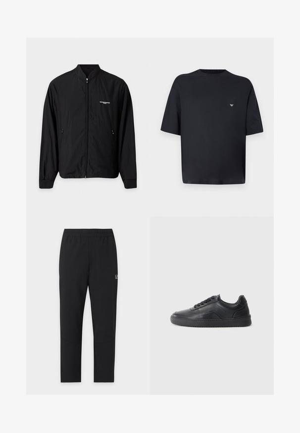 Leichte schwarze Jacke mit Reißverschluss, Stehkragen, zwei seitlichen Taschen und kleinem weißen Emporio Armani Logo auf der linken Brust.; Schwarzes, übergroßes T-Shirt mit kurzen Ärmeln und kleinem weißen Logo auf der linken Brust, präsentiert vor hellgrauem Hintergrund.; Schwarze zulaufende Sporthose mit elastischem Bund und kleinem weißen "EA7 Emporio Armani" Logo am oberen Oberschenkel.; Schwarze Leder-Sneaker mit glatter Oberfläche, abgerundeter Zehenpartie, strukturiertem Seitenpaneel und schwarzen Schnürsenkeln. Verfügt über eine flache Gummisohle und ein minimalistisches Design.