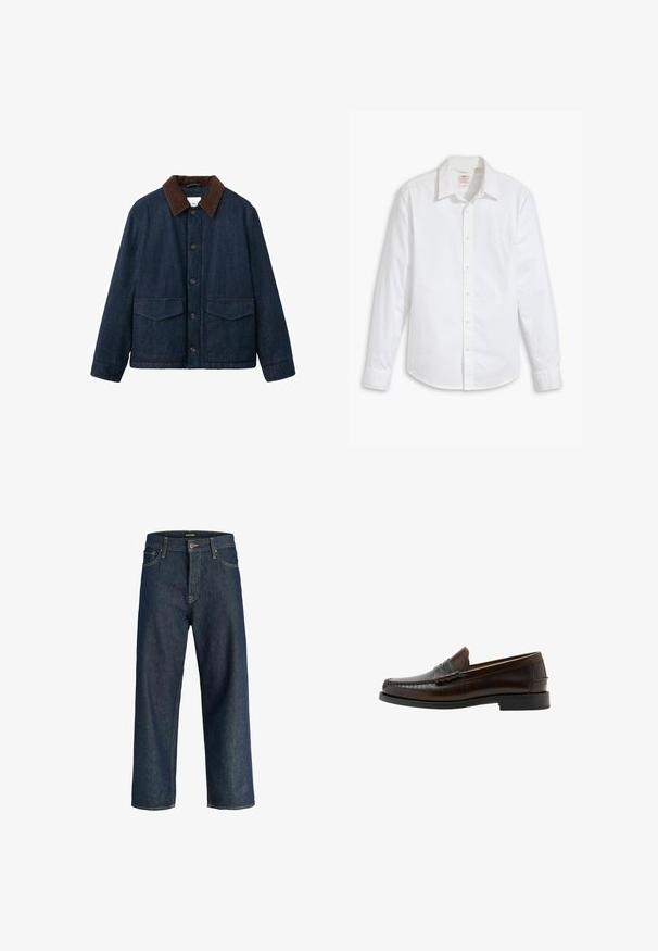 Veste en denim avec une finition bleu foncé, col en velours côtelé marron, fermeture à boutons et deux poches plaquées à l'avant. Présente un design classique.; Chemise blanche à manches longues à boutons en coton. Ses caractéristiques notables incluent un col, une fermeture à boutons sur le devant et une poche poitrine.; Jean droit en denim bleu foncé avec poches avant, passants pour ceinture et fermeture par bouton, présenté sur un fond blanc.; Mocassin penny en cuir marron foncé avec bout moc cousu, talon bas et finition lisse, présenté de profil sur fond blanc.