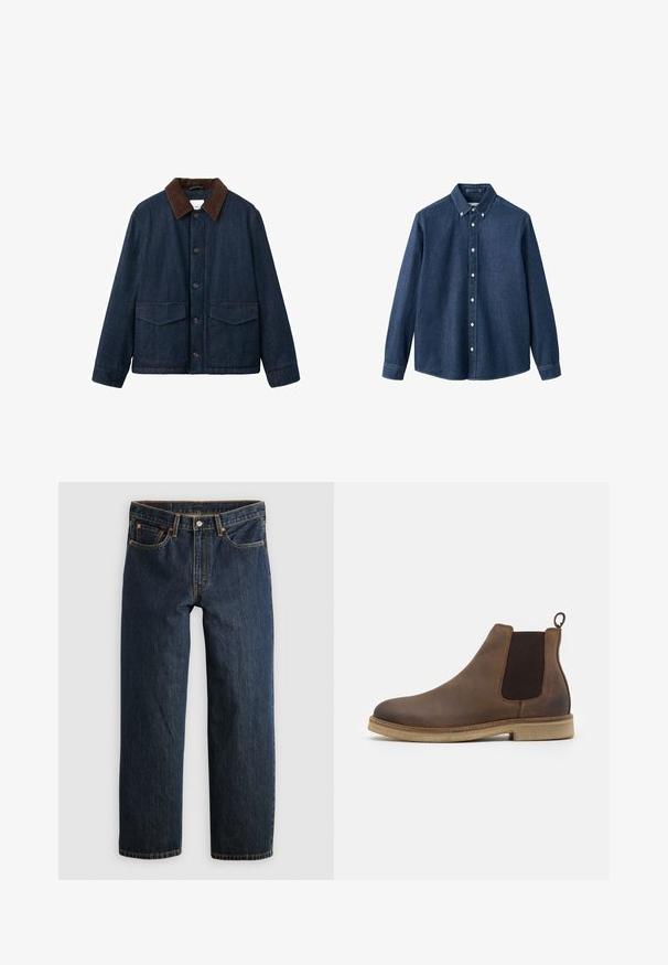 Veste en denim avec une finition bleu foncé, col en velours côtelé marron, fermeture à boutons et deux poches plaquées à l'avant. Présente un design classique.; Chemise en denim bleu foncé à manches longues avec col boutonné et boutons blancs sur le devant et aux poignets.; Jean en denim bleu foncé avec une coupe droite. Comprend cinq poches, des surpiqûres contrastantes et une fermeture à bouton à la taille.; Botte Chelsea en cuir marron avec des panneaux latéraux élastiques, bout rond, tirette et semelle texturée beige clair.