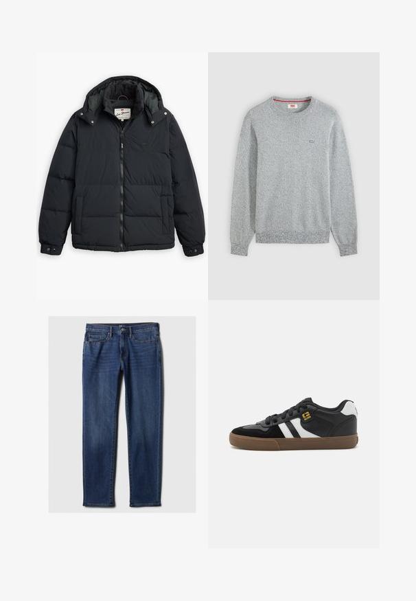 Sort pufferjakke med aftagelig hætte, lynlås foran, sidelommer og elastiske manchetter. Har quiltede paneler til isolering og varme.; Lysegrå tekstureret strik crewneck sweater med lange ærmer og en lille Levi's-logo på venstre bryst.; Mørkeblå jeans lavet af denim, med lige ben-design, fem lommer og kontrasterende syninger. Lukning i taljen med knap og lynlås.; Sorte og hvide sneakers med overdel i ruskind og læder, der har hvide striber, sorte snørebånd og en brun gummisål. Guld logo detaljer.
