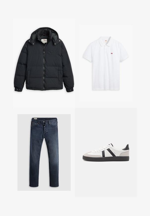 Schwarze Daunenjacke mit abnehmbarer Kapuze, Reißverschluss vorne, seitlichen Taschen und elastischen Bündchen. Verfügt über genähte Einsätze für Isolation und Wärme.; Weißes Poloshirt aus Baumwolle. Verfügt über eine Knopfleiste mit drei Knöpfen, kurze Ärmel und ein kleines rotes Levi's-Logo auf der linken Brust.; Dunkelblaue Denim-Jeans mit geradem Bein, ausgestattet mit einem Reißverschluss, Metallknöpfen und Kupfernieten. Glatte Textur, keine sichtbaren Muster.; Weiße Sneaker mit schwarz- und grau-aczenten, ausgestattet mit einer strukturierten grauen Zehenkappe, schwarzer Gummi-Sohle und flachen weißen Schnürsenkeln. Sauberes Design, minimalistische Stil.