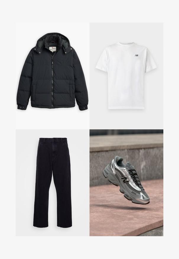 Schwarze Daunenjacke mit abnehmbarer Kapuze, Reißverschluss vorne, seitlichen Taschen und elastischen Bündchen. Verfügt über genähte Einsätze für Isolation und Wärme.; Weißes T-Shirt mit kurzen Ärmeln und Rundhalsausschnitt mit kleinem schwarzem New Balance-Logo auf der oberen linken Brust auf einem einfarbigen hellen Hintergrund.; Schwarze Jeanshose mit geradem Bein, ausgestattet mit einem Knopf- und Reißverschluss, Gürtelschlaufen und minimalen Nähdetails.; Grauer und silberner New Balance Sneaker mit der Aufschrift "1000", der über einer rosa-steinernen Oberfläche vor einem grauen Steinmauer-Hintergrund schwebt.