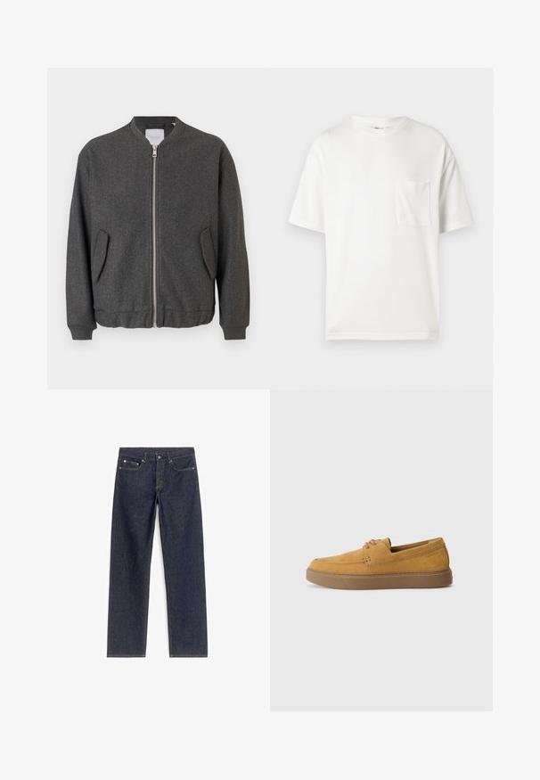 Veste bomber grise avec un col haut, fermeture éclair à l'avant et deux poches latérales. Fabriquée dans un tissu texturé en mélange de laine. Manches et ourlet côtelés.; T-shirt en coton blanc avec col rond, manches courtes et une poche poitrine à gauche. Texture lisse, coupe régulière, sans motifs ni accents.; Jeans en denim bleu foncé avec une coupe droite, comportant cinq poches et des coutures dorées contrastantes. Pas d'embellissements ni de motifs.; Chaussures slip-on en suède marron avec une finition texturée, un bout rond et une semelle en caoutchouc contrastante. Présente une marque discrète près du talon.