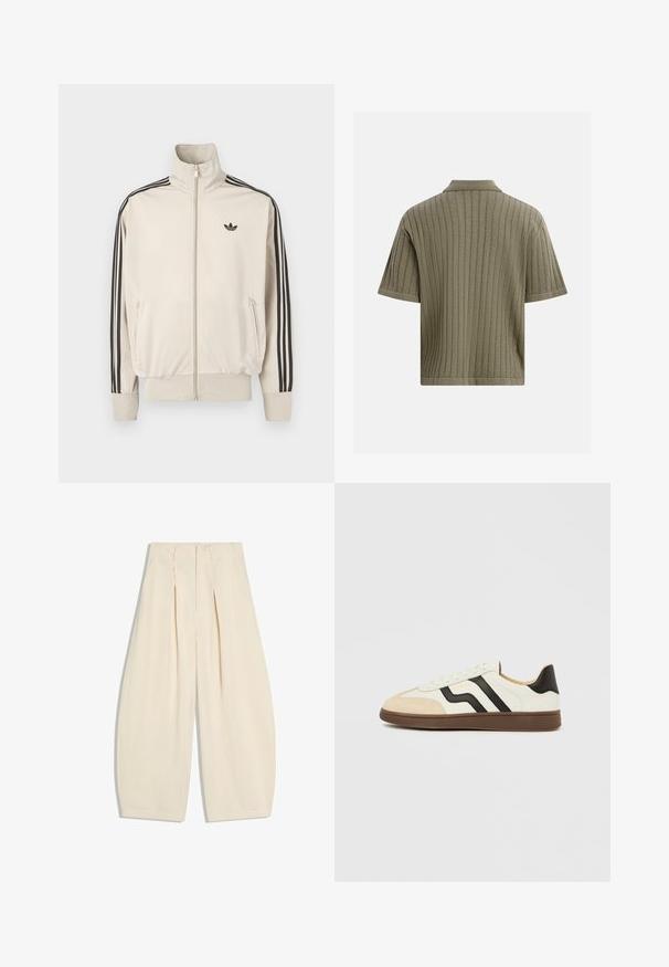 Beige lynlåsjakke lavet af glat stof, med sorte tre-stribe-accents på ærmerne og et lille sort logo på brystet.; Kortærmet olivengrøn strikket poloshirt med lodret ribbet tekstur, vist bagfra.; Bukser i cremefarve med vid ben, høj talje og frontplisser, vist fladt på en hvid baggrund.; Hvid læder sneakers med sorte striber og tan ruskind tækkappe. Gummisål i mørkebrun. Snørebånd og polstret krave fuldender designet.