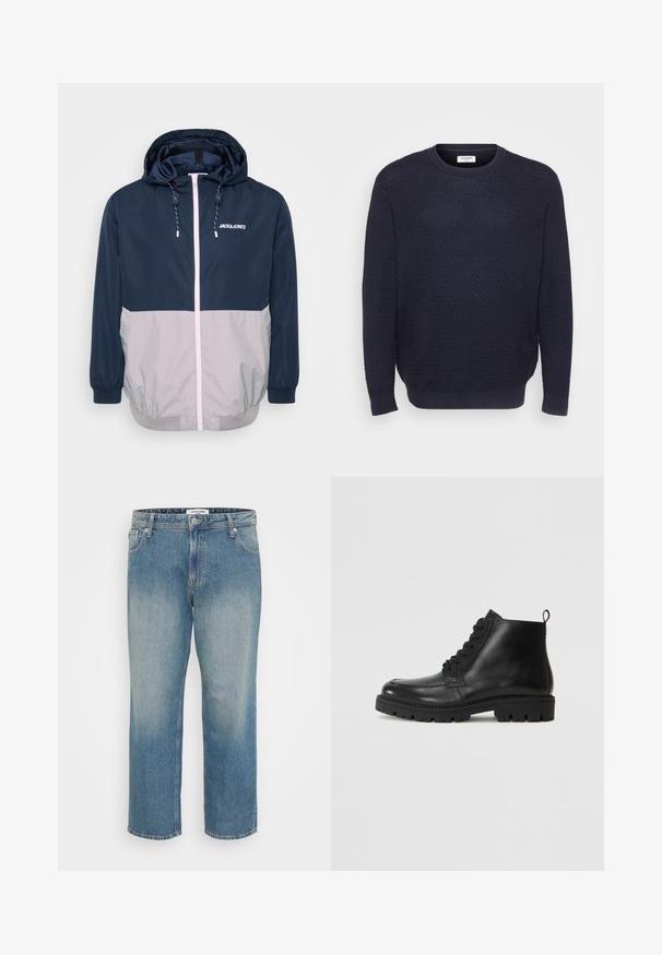 Marineblå og grå vindjakke med hætte, frontlynlås, elastiske manchetter og snoretræk. Har logo på brystet. Glat tekstur.; Marineblå strikket sweater med et tekstureret mønster, rund halsudskæring og ribbede manchetter og kant. Fremstillet af blødt, strækbart stof.; Blå straight-leg jeans i denim med falmet front, fem-lomme design, knap- og lynlås lukning samt bæltestropper.; Sorte læder ankelstøvler med rund tå, snørebånd fortil og tekstureret gummisål. Inkluderer en løkke ved hælen for nem påføring.