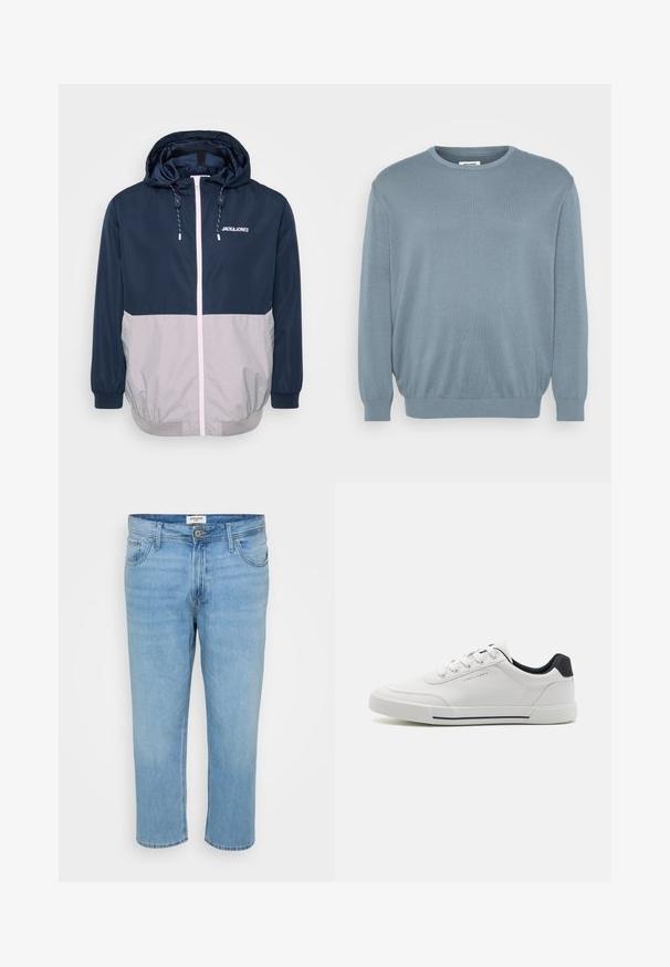 Marineblå og grå vindjakke med hætte, frontlynlås, elastiske manchetter og snoretræk. Har logo på brystet. Glat tekstur.; Lyseblå sweater lavet af strikket stof, med rund halsudskæring og ribbede manchetter og kant. Enkel design med en blød tekstur.; Lys blå denimjeans med en afslappet pasform, fem-lomme design, knaplukning og synlige syninger.; Hvide sneakers med en glat syntetisk overdel, rund tå, snørebåndsdesign, marineblå accent på hælen og en tekstureret gummisål med en sort stribe.