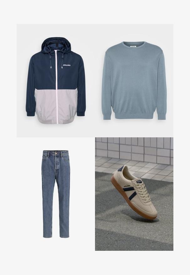 Marineblå og grå vindjakke med hætte, frontlynlås, elastiske manchetter og snoretræk. Har logo på brystet. Glat tekstur.; Lyseblå sweater lavet af strikket stof, med rund halsudskæring og ribbede manchetter og kant. Enkel design med en blød tekstur.; Lyseblå denimjeans med fem lommer, lige ben, knaplukning og bæltestropper, vist mod en ensfarvet baggrund.; Beige sneaker med struktureret overflade, marineblå striber og gummisål. Har en polstret tunge og traditionelt snørresystem for en sikker pasform.