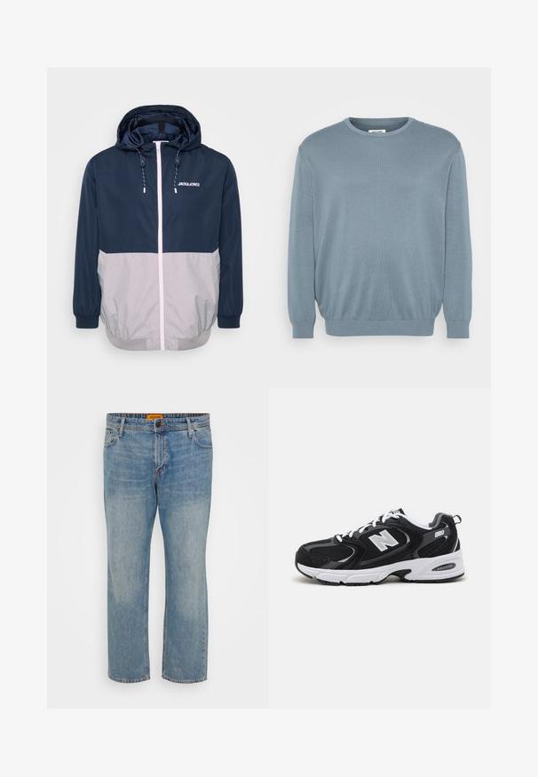 Marineblå og grå vindjakke med hætte, frontlynlås, elastiske manchetter og snoretræk. Har logo på brystet. Glat tekstur.; Lyseblå sweater lavet af strikket stof, med rund halsudskæring og ribbede manchetter og kant. Enkel design med en blød tekstur.; Lyseblå denim jeans med lige ben, der har fem lommer, knaplukning og orange mærke på taljebåndet.; Sorte og grå sportssko med mesh og ruskind på overdelen, der har en hvid mellemsål, snørebånd og et iøjnefaldende "N" logo på siden.