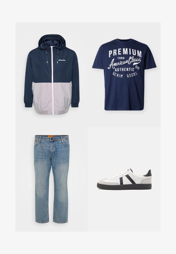 Marineblå og grå vindjakke med hætte, frontlynlås, elastiske manchetter og snoretræk. Har logo på brystet. Glat tekstur.; Mørkeblå T-shirt med korte ærmer og hvid tekst: "PREMIUM 1990 American Classic Authentic Denim Goods" på forsiden.; Lyseblå denim jeans med lige ben, der har fem lommer, knaplukning og orange mærke på taljebåndet.; Hvide sneakers med sorte og grå detaljer, med en tekstureret grå tåhætte, sort gummisål og flade hvide snørebånd. Rent design, minimalistisk stil.