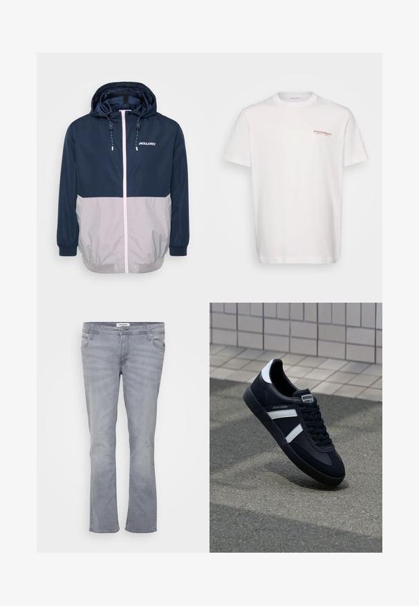 Marineblå og grå vindjakke med hætte, frontlynlås, elastiske manchetter og snoretræk. Har logo på brystet. Glat tekstur.; Hvid bomulds t-shirt med rund halsudskæring. Egenskaber inkluderer et lille brunt logo på venstre bryst. Korte ærmer og en afslappet pasform.; Lysegrå vidde jeans lavet af denim, med et klassisk design med fem lommer, linning med bæltestrop og syede detaljer.; Sort lædersneaker med hvide striber, tekstureret gummisål og snørrebånd foran. Har et brandet mærke på tungen.
