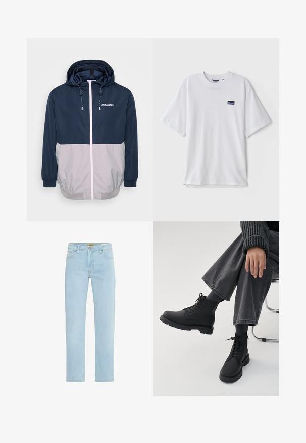 Marineblå og grå vindjakke med hætte, frontlynlås, elastiske manchetter og snoretræk. Har logo på brystet. Glat tekstur.; Hvid bomulds T-shirt med rund halsudskæring, korte ærmer og en marineblå rektangulær logo-patch på venstre brystområde.; Lysblå denimjeans med lige pasform, standard fem-pocket design og lynlås med metalknaplukning.; Person sidder med krydsede ben iført sorte snørebåndsstøvler, mørke sokker, grå vidde bukser og en rippet mørk sweater på hvid baggrund.