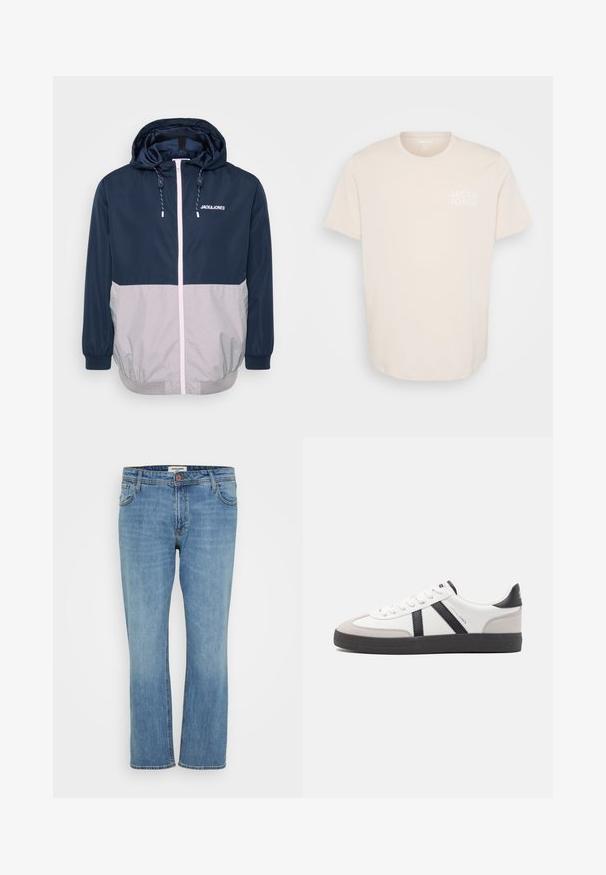 Marineblå og grå vindjakke med hætte, frontlynlås, elastiske manchetter og snoretræk. Har logo på brystet. Glat tekstur.; Lys beige bomulds T-shirt med rund halsudskæring, korte ærmer og et lille hvidt logo på venstre brystområde. Glat tekstur.; Blå straight-leg denim jeans med knap- og lynlås, for- og baglommer samt synlig syning på hvid baggrund.; Hvide sneakers med sorte og grå detaljer, med en tekstureret grå tåhætte, sort gummisål og flade hvide snørebånd. Rent design, minimalistisk stil.