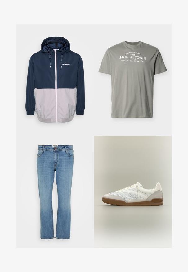Marineblå og grå vindjakke med hætte, frontlynlås, elastiske manchetter og snoretræk. Har logo på brystet. Glat tekstur.; Lysegrå T-shirt med korte ærmer og hvid tekst "Creative Community 1990 Jack & Jones Reg. premium TM" på brystet.; Blå straight-leg denim jeans med knap- og lynlås, for- og baglommer samt synlig syning på hvid baggrund.; Hvid og lysegrå lavtop sneaker med mesh- og ruskindspaneler, hvide snørebånd og brun gummisål på en neutral baggrund.