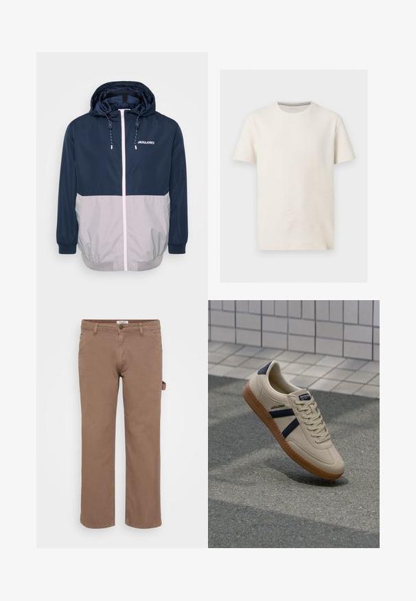 Marineblå og grå vindjakke med hætte, frontlynlås, elastiske manchetter og snoretræk. Har logo på brystet. Glat tekstur.; Kortærmet off-white tekstureret bomulds t-shirt med rund halsudskæring og diskret logo på venstre bryst, vist på grå baggrund.; Brune bomulds twill bukser med et lige ben-design. Har forlommer og en sidelommer til utility. Glat tekstur, afslappet stil.; Beige sneaker med struktureret overflade, marineblå striber og gummisål. Har en polstret tunge og traditionelt snørresystem for en sikker pasform.