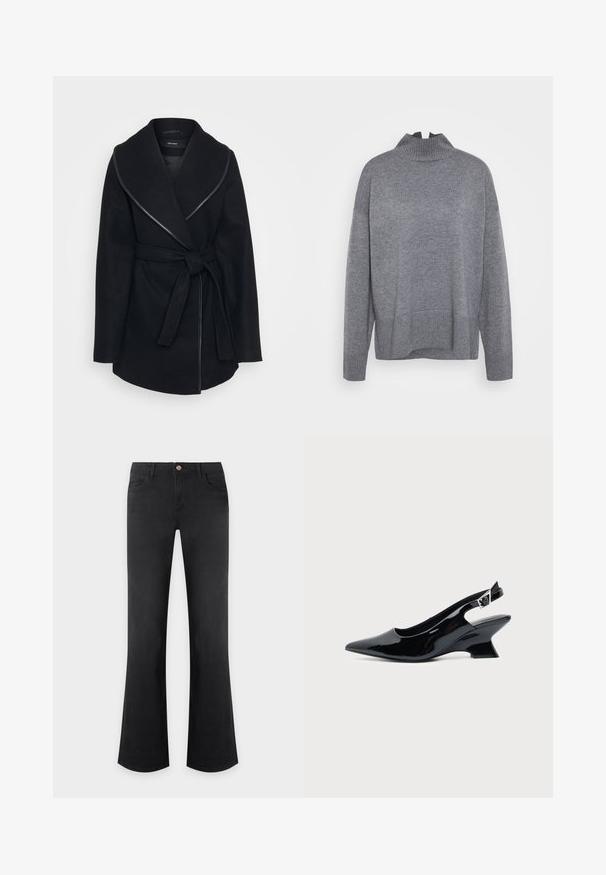 Schwarzer Wickelmantel mit breitem Kragen, taillierter Taille und sichtbarem Reißverschluss-Akzent. Hergestellt aus weichem, strukturiertem Stoff mit maßgeschneidertem Design.; ONLY Tall ONLCOCO LIFE HIGH NECK - Strickpullover - medium grey melange; Schwarze High-Waist-Jeans mit ausgestellt geschnittenem Bein, vorderem Knopf, Reißverschluss und Design mit fünf Taschen auf hellem einfarbigem Hintergrund.; Schwarzer Slingback-Schuh aus Lackleder mit spitzer Spitze und niedrigem, schrägem Blockabsatz auf einfachem hellem Hintergrund.