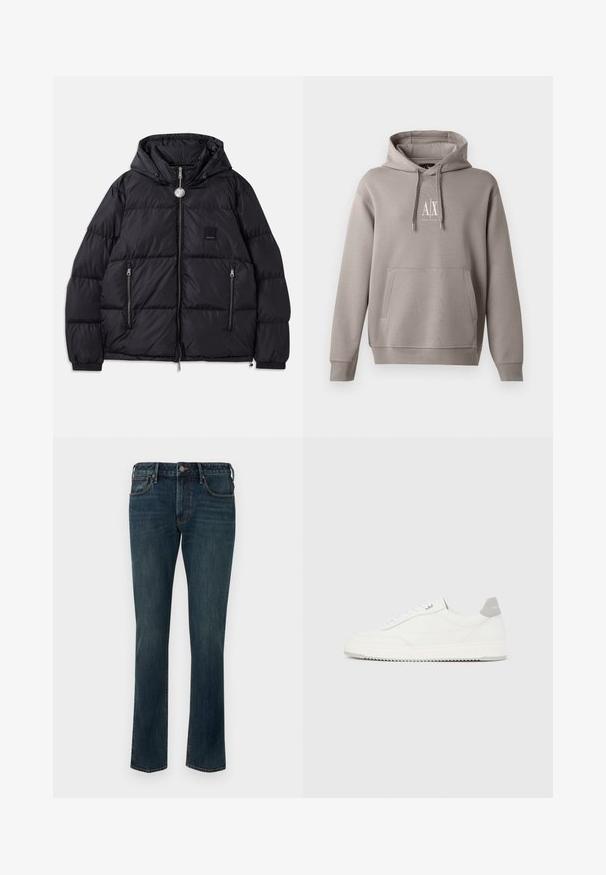 Schwarze Steppjacke mit Kapuze, mit gestepptem Textil, Reißverschluss vorne, zwei Taschen an den Seiten und kleinem Logopatch auf der Brust.; Grau Hoodie mit einer zentralen Kängurutasche, verstellbarem Kordelzug für die Kapuze und einem kleinen weißen Logo auf der Brust. Weicher Stoff.; Dunkelblaue gerade geschnittene Jeans aus Denim mit Knopf- und Reißverschluss, vorderen und hinteren Taschen sowie dezentem Ausbleichen an den Oberschenkeln.; Weißer Sneaker mit niedrigem Schaft, grauem Fersenlaschen, weißen Schnürsenkeln und einer strukturierten Sohle, dargestellt vor einem schlichten hellen Hintergrund.