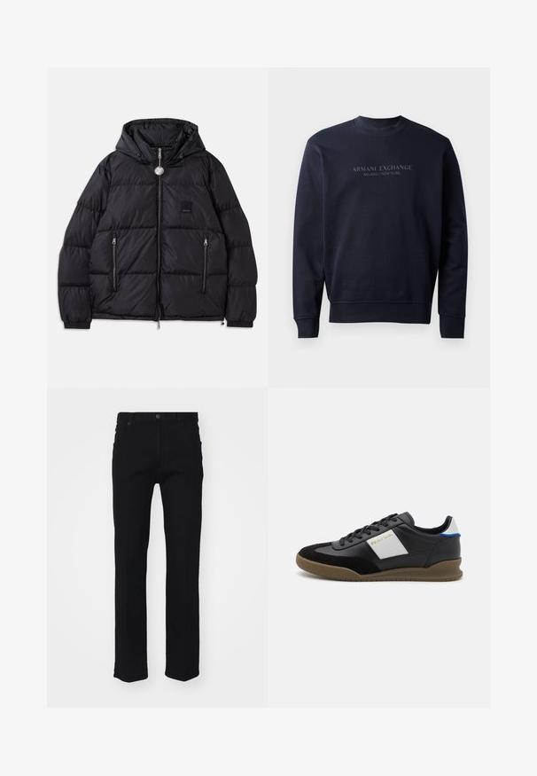 Doudoune noire avec capuche, présentant une texture matelassée, une fermeture éclair sur le devant, deux poches latérales et un petit patch logo sur la poitrine.; Sweatshirt bleu marine en matériau doux, avec un col rond et des poignets côtelés, ornés du texte en relief "ARMANI EXCHANGE MILANO / NEW YORK".; Jean en denim noir avec une coupe droite, cinq poches, fermeture à bouton à l'avant et détails de couture subtils. Texture lisse.; Baskets en cuir noir et en nubuck avec un panneau gris, semelle en caoutchouc marron et accent bleu sur le talon. Elles disposent de lacets et d'un logo embossé.
