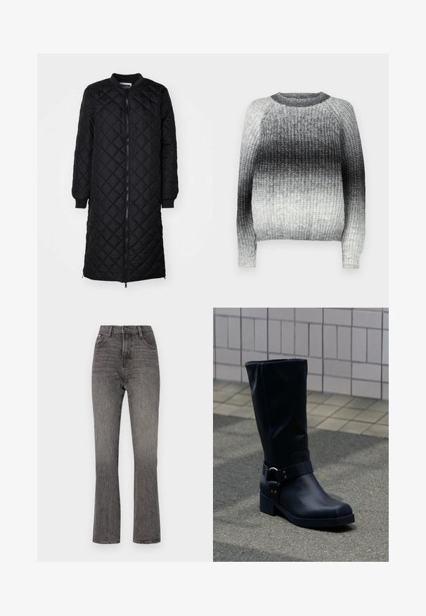 Schwarzer, gesteppter langer Mantel mit Reißverschluss, Rautenmuster, gerippten Bündchen und rundem Hals. Glatte Textur und taillierte Silhouette.; JDY JDYELIZA O-NECK PULLOVER - Strickpullover - black; Hoch taillierte, aus hellgrauem Denim gefertigte Schlagjeans mit einer verblassten Textur und klassischem 5-Taschen-Design. Mit vorderem Knopf- und Reißverschluss.; Schwarzer Lederstiefel bis zur Mitte der Wade mit niedrigem Blockabsatz und dekorativem Riemen mit Metallschnalle um den Knöchel, auf einem gefliesten Gehweg.