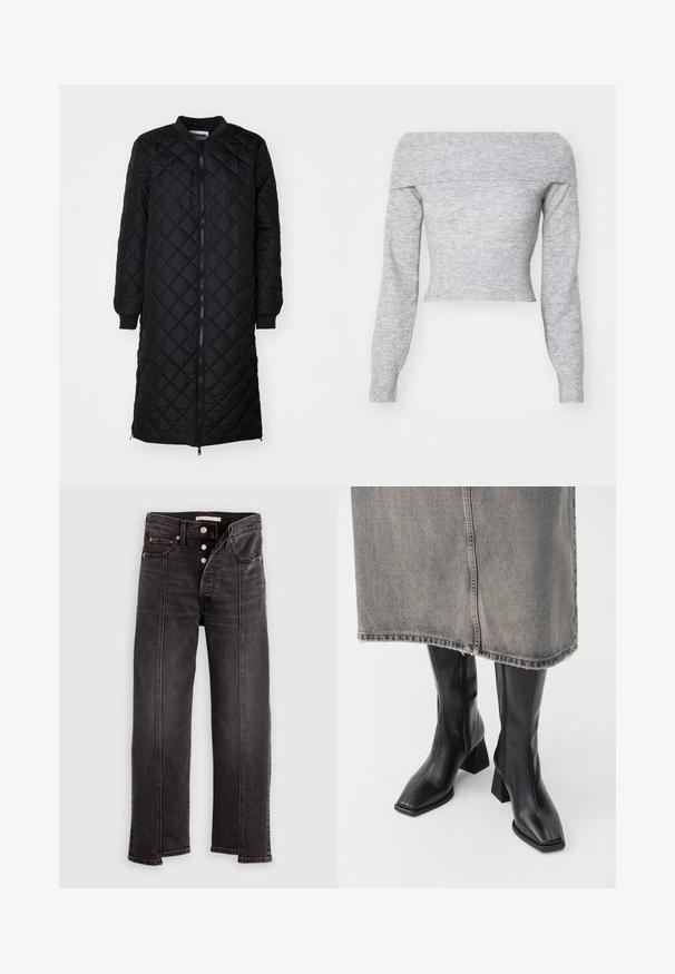 Schwarzer, gesteppter langer Mantel mit Reißverschluss, Rautenmuster, gerippten Bündchen und rundem Hals. Glatte Textur und taillierte Silhouette.; Weekday LOLO OFF SHOULDER - Strickpullover - grey melange; Schwarze, hochtaillierte Jeans mit geradem Bein, Knopfleiste, Vordertaschen und sichtbaren vertikalen Nahtdetails entlang jedes Beins.; Schwarze knielange Stiefel aus glattem Leder mit quadrater Zehenpartie und Blockabsatz. Getragen mit einem grauen Jeansrock mit ausgefranstem Saum.
