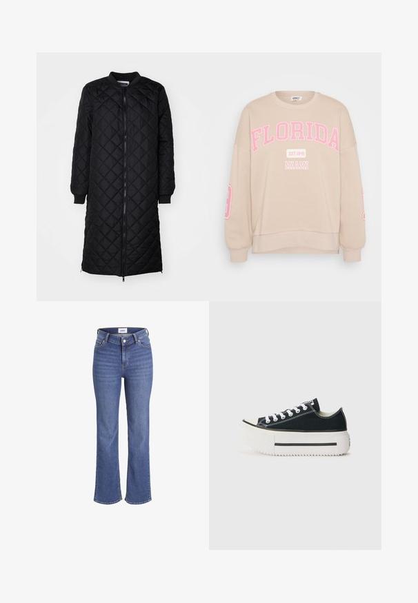 Musta tikattu pitkä takki, jossa on vetoketjukiinnitys, timanttikuosi, raidoitetut hihansuut ja pyöreä kaulus. Sileä pinta ja istuva siluetti.; Beige collegepaita, ylipitkä malli, pyöreä kaula-aukko ja vaaleanpunainen grafiikkateksti "FLORIDA EST. 1845 MIAMI" edessä ja hihassa.; Tummansiniset farkut, joissa on korkea vyötärö, leveät lahkeet ja perinteinen viiden taskun malli. Ominaisuuksiin kuuluu näkyvät tikkaus ja etunappikiinnitys.; Mustat kangaskengät, joissa on valkoinen kumipohja, paksu alusta, valkoiset nauhat ja ristiväriset saumat.