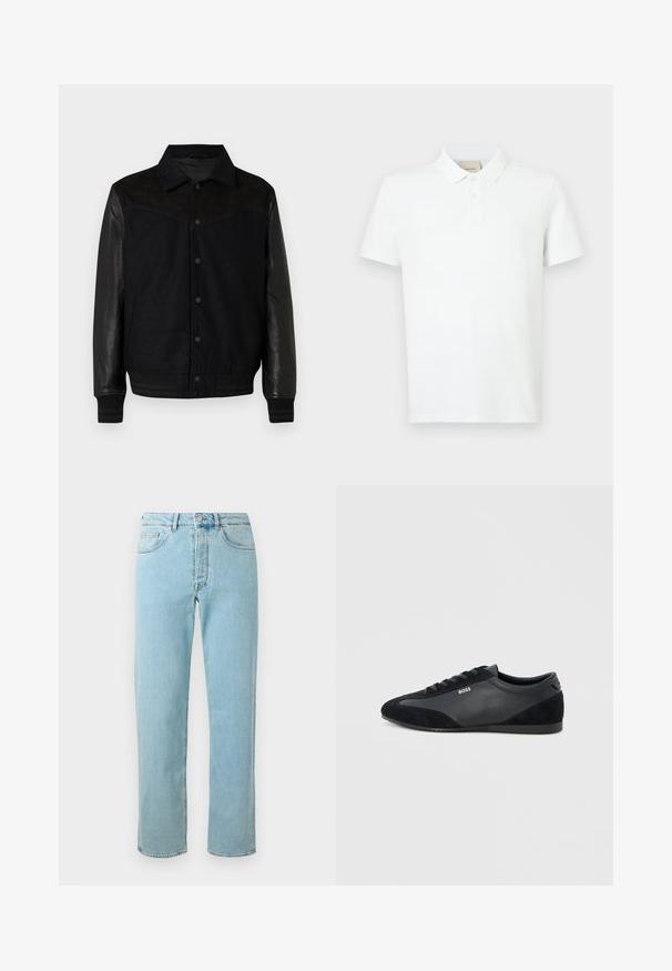 Veste noire avec un corps en laine et des manches en cuir. Comprend un devant à boutons, des poches latérales et des poignets et un ourlet côtelés. Texture lisse dans l'ensemble.; Polo shirt blanc en coton doux, avec des manches courtes, un col classique, une patte de boutonnage à deux boutons et un logo discret sur la poitrine.; Jean en denim bleu clair avec une coupe droite, comportant cinq poches, un zip et un léger délavage sur l'ensemble du tissu.; Baskets basses noires à lacets avec panneaux en cuir et suède, semelle plate et logo BOSS sur le côté.