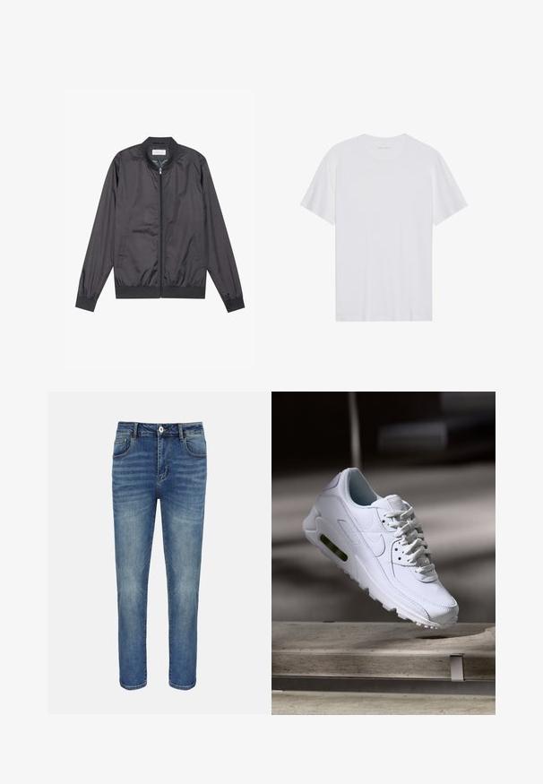 Veste bomber noire en matériau léger et lisse avec fermeture éclair, col, poignets et ourlet côtelés ; elle dispose de poches latérales.; T-shirt en coton blanc à manches courtes, col rond et texture lisse. Présente un branding minimal au niveau du col.; Jean droit bleu avec bouton et fermeture éclair à l'avant, passants pour ceinture et poches avant et arrière.; Baskets blanches en cuir avec des surfaces texturées, un col rembourré et un amorti d'air visible dans la semelle. Elles possèdent des lacets et un design minimaliste.