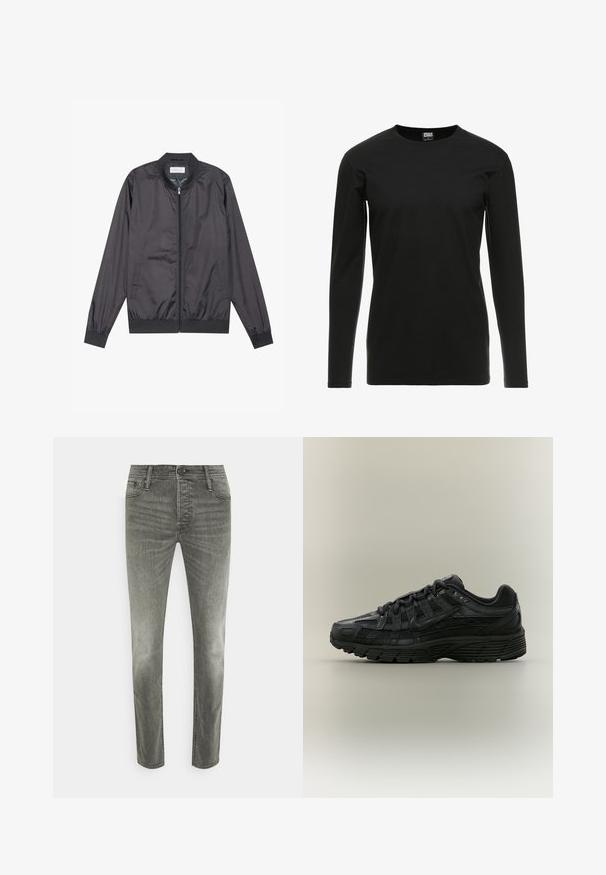 Veste bomber noire en matériau léger et lisse avec fermeture éclair, col, poignets et ourlet côtelés ; elle dispose de poches latérales.; Urban Classics STRETCH TERRY - T-shirt à manches longues - black; Jack & Jones JJIGLENN JJORIGINAL - Jean slim - grey denim; Chaussure de course Nike noire avec tige en mesh et synthétique, fermeture à lacets et semelle texturée, vue de côté gauche sur fond uni.