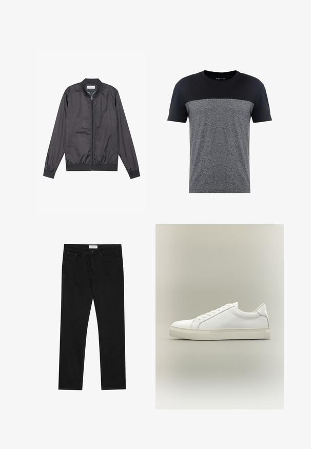 Casaco bomber preto feito de um material leve e suave, com fecho de zip, gola canelada, punhos e bainha; apresenta bolsos laterais.; Pier One by Zalando T-shirt estampada - black; Jeans pretos de perna reta com design de cinco bolsos, fecho com botão e zíper, e uma etiqueta da marca Pier One na cintura.; Ténis branco de cano baixo com atilhos na frente e sola grossa, mostrado de lado contra um fundo neutro.