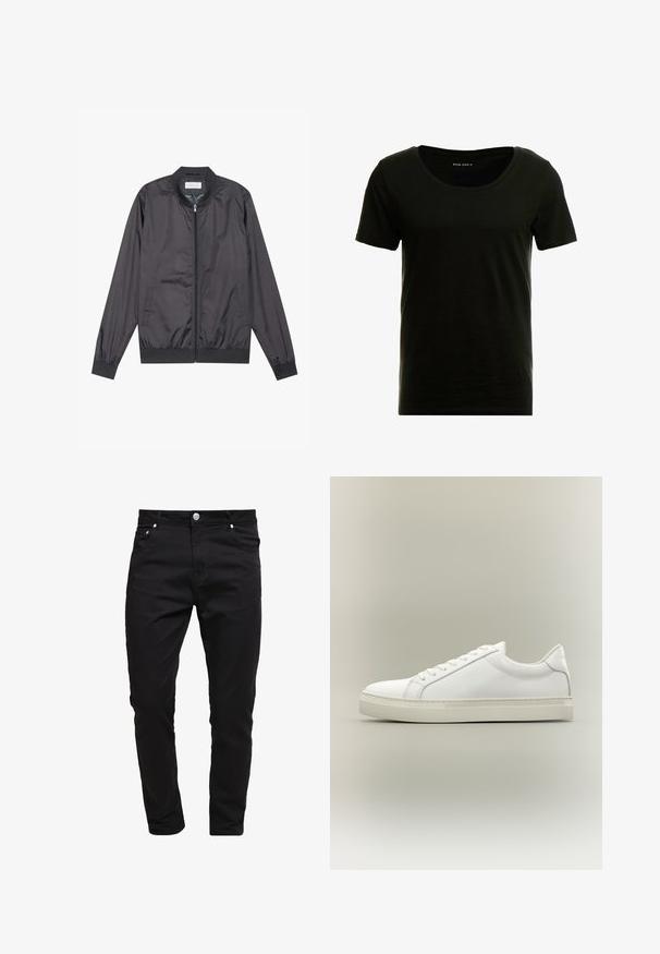 Veste bomber noire en matériau léger et lisse avec fermeture éclair, col, poignets et ourlet côtelés ; elle dispose de poches latérales.; T-shirt noir à manches courtes avec un décolleté arrondi, texture douce et coupe décontractée. Fabriqué en matière légère et respirante.; Jean noir en tissu denim, design slim fit, style à cinq poches, fermeture à bouton métallique, avec des détails de couture et une texture lisse.; Baskets blanches basses à lacets sur l’avant et semelle épaisse, vues de côté sur un fond neutre.