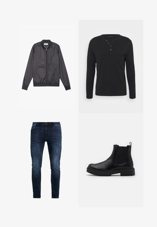Veste bomber noire en matériau léger et lisse avec fermeture éclair, col, poignets et ourlet côtelés ; elle dispose de poches latérales.; T-shirt henley noir à manches longues en tissu doux, avec une patte de boutonnage, un col rond et des manches ajustées.; Jeans en denim bleu foncé ajustés, avec des détails de couture, un bouton à l'avant et cinq poches pour le rangement.; Zign by Zalando LEATHER - Bottines - black