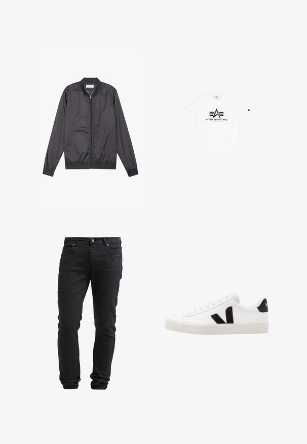 Veste bomber noire en matériau léger et lisse avec fermeture éclair, col, poignets et ourlet côtelés ; elle dispose de poches latérales.; T-shirt en coton blanc à manches courtes, ornée d'un logo imprimé noir "ALPHA INDUSTRIES" et d'un design triangulaire stylisé.; Jeans noirs ajustés avec fermeture à bouton et à glissière, cinq poches et poignets élastiques aux chevilles.; Sneaker blanche en cuir avec des accents en daim noir ; dispose d'une semelle en caoutchouc, d'un bout rond et d'un design classique à lacets. Logo latéral en noir.