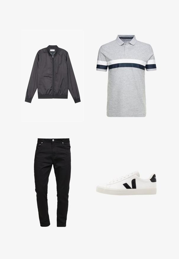 Veste bomber noire en matériau léger et lisse avec fermeture éclair, col, poignets et ourlet côtelés ; elle dispose de poches latérales.; Polo gris en coton, avec un col à boutons, des manches courtes et de larges rayures horizontales blanches et marines sur la poitrine.; Jean noir en tissu denim, design slim fit, style à cinq poches, fermeture à bouton métallique, avec des détails de couture et une texture lisse.; Sneaker blanche en cuir avec des accents en daim noir ; dispose d'une semelle en caoutchouc, d'un bout rond et d'un design classique à lacets. Logo latéral en noir.