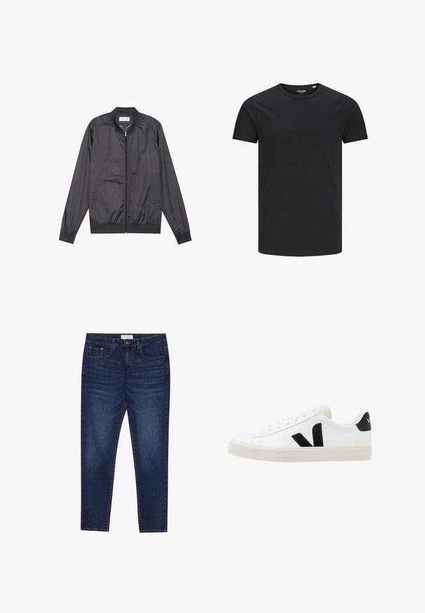 Veste bomber noire en matériau léger et lisse avec fermeture éclair, col, poignets et ourlet côtelés ; elle dispose de poches latérales.; T-shirt en coton noir avec un col rond, des manches courtes et un design simple. Texture lisse, sans motifs ni éléments visibles.; Jean slim-fit bleu foncé avec cinq poches, fermeture à bouton et couture contrastante, étiqueté Pier One à la taille.; Sneaker blanche en cuir avec des accents en daim noir ; dispose d'une semelle en caoutchouc, d'un bout rond et d'un design classique à lacets. Logo latéral en noir.