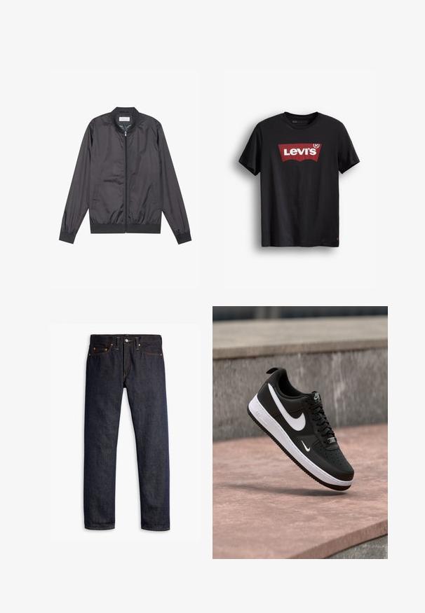 Veste bomber noire en matériau léger et lisse avec fermeture éclair, col, poignets et ourlet côtelés ; elle dispose de poches latérales.; T-shirt en coton noir avec un col rond. Présente un grand logo rouge Levi's sur fond blanc et une petite étiquette rouge sur le côté inférieur.; Jeans en denim bleu foncé avec une coupe droite, un design à cinq poches, des rivets en cuivre, des coutures jaunes et un tissu texturé distinct.; Baskets Nike Air Force 1 noir et blanc suspendues au-dessus d'une surface en béton rose avec un fond en pierre grise.