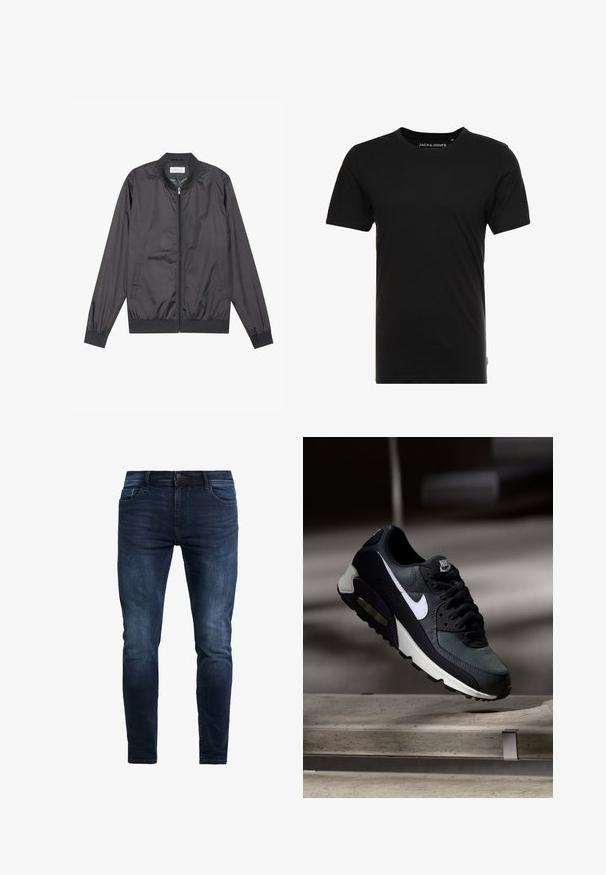Casaco bomber preto feito de um material leve e suave, com fecho de zip, gola canelada, punhos e bainha; apresenta bolsos laterais.; T-shirt preta de manga curta feita de algodão, com um decote redondo e uma etiqueta de logotipo subtil de lado. Design simples e versátil.; Jeans de ganga azul escuro com um corte slim, apresentando detalhes de costura, um botão na frente e cinco bolsos para armazenamento.; Ténis Nike Air Max pretos e cinzentos com o símbolo branco, suspensos acima de uma superfície de betão contra um fundo escuro e desfocado.