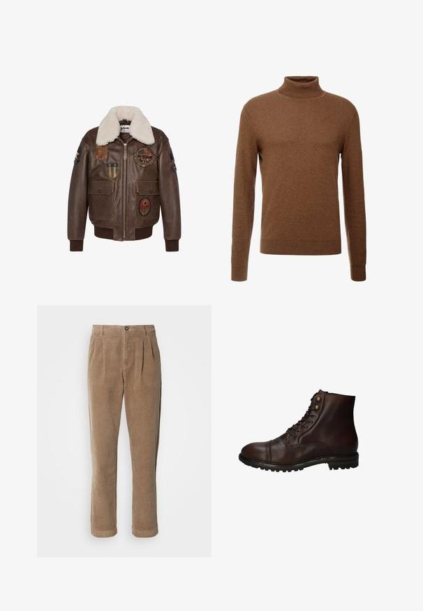 Veste bombardier en cuir marron avec un col en shearling, dotée de plusieurs écussons et de deux poches avant. Poignets et ourlet côtelés.; Pull en col roulé marron en tissu doux, avec des manches longues, des poignets côtelés et une coupe ajustée sans motifs visibles.; Pantalons en velours côtelé marron à taille haute, avec des plis à l'avant, une fermeture à bouton et des jambes droites. Le tissu texturé est visible.; Bottines montantes en cuir brun foncé à lacets, avec une semelle en caoutchouc robuste et des œillets en métal, vues du côté extérieur.