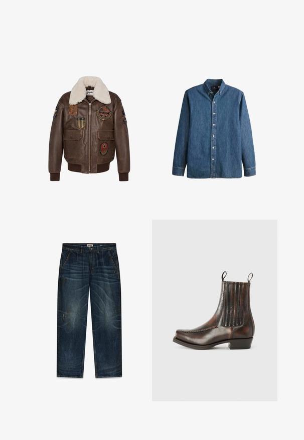 Brun læder bomberjakke med en shearling krave, der har flere patches og to forlommer. Ribbet kant og nederste del.; Denim button-up skjorte i mellemblå, med lange ærmer, spidse kraver, hvide knapper og en tætsiddende pasform med diskret logo broderi.; Mørkeblå denimjeans med falmet vask, løs pasform, fem-lomme-design og kontrasterende gule stikningsdetaljer.; Brun læder ankelstøvle med en glat overflade, elastiske sidepaneler, en rund tå, dekorativ syning og en lav blokhæl.