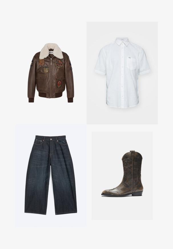 Chaqueta bomber de cuero marrón con cuello de borrego, que presenta múltiples parches y dos bolsillos frontales. Puños y dobladillo acanalados.; Camisa blanca de manga corta hecha de lino, con cuello tipo botón, bolsillo frontal y sutiles acentos de costura.; Vaqueros azul oscuro de pierna ancha con bolsillos delanteros, cierre de botones y costuras visibles, colocados planos sobre un fondo blanco.; Bota de cowboy de cuero marrón con un caña alta, puntera puntiaguda, patrones de costura intrincados y un tacón pequeño. Acabado texturizado en toda la bota.