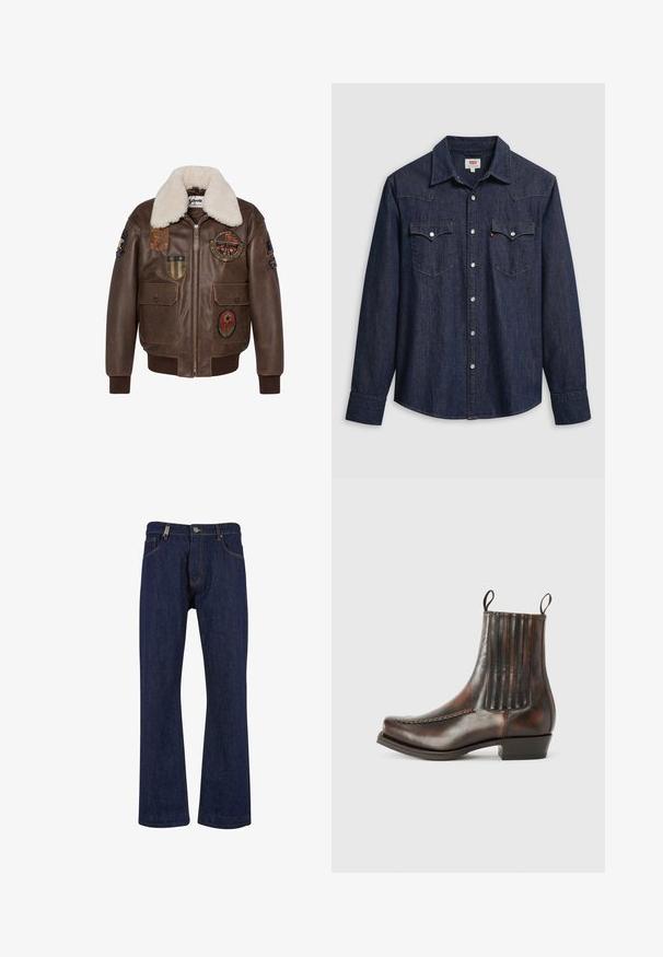 Chaqueta bomber de cuero marrón con cuello de borrego, que presenta múltiples parches y dos bolsillos frontales. Puños y dobladillo acanalados.; Camisa de mezclilla azul oscuro con cuello puntiagudo, botones a presión y bolsillos en el pecho. Cuenta con detalles de costura y mangas largas.; Jeans de denim azul oscuro con diseño de pierna acampanada, costuras en contraste, cierre frontal con botón y estilo de cinco bolsillos.; Bota de tobillo de cuero marrón con un acabado suave, paneles laterales elásticos, puntera redonda, costuras decorativas y un tacón bajo y cuadrado.