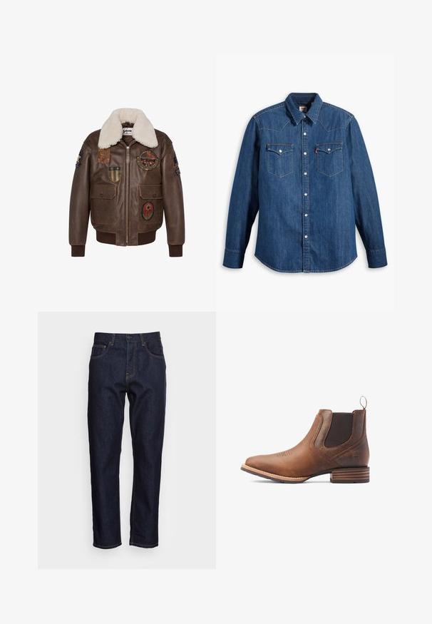 Chaqueta bomber de cuero marrón con cuello de borrego, que presenta múltiples parches y dos bolsillos frontales. Puños y dobladillo acanalados.; Camisa de mezclilla en azul oscuro con mangas largas, cuello puntiagudo y botones a presión. Cuenta con dos bolsillos en el pecho con solapas y costuras en contraste.; Vaqueros de mezclilla azul oscuro con corte recto, cinco bolsillos y costuras amarillas en contraste. Diseñados con un cierre clásico de botón y cremallera.; Ariat HYBRID LOW BOY WIDE SQUARE TOE - Botines - old earth