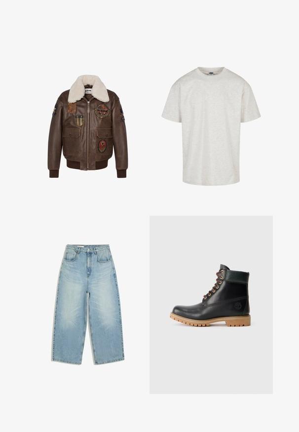 Brun læder bomberjakke med en shearling krave, der har flere patches og to forlommer. Ribbet kant og nederste del.; Lys grå bomulds T-shirt med kortærmer, rund halsudskæring og afslappet pasform. Tekstureret stof med et subtilt meleret mønster.; Lyseblå højttaljede denimjeans med vide ben, forlommer, bæltestropper samt knap- og lynlås lukning.; Sort læder ankelstøvle med brune snørebånd, polstret grøn krave og tan gummisål med dybe riller, set fra siden på hvid baggrund.